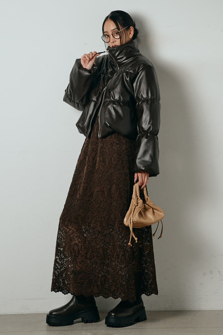 [SET]レザーライクWジップスタンドカラー中綿ブルゾン+総レース刺繍スカート(2set)
