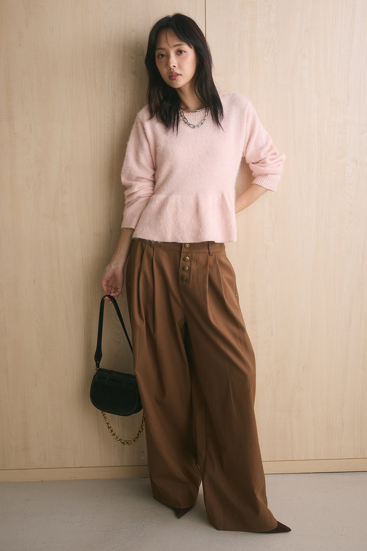 [SET]モヘアぺプラムクルーネックプルオーバー+ファイブボタンツータックワイドパンツ(2set)