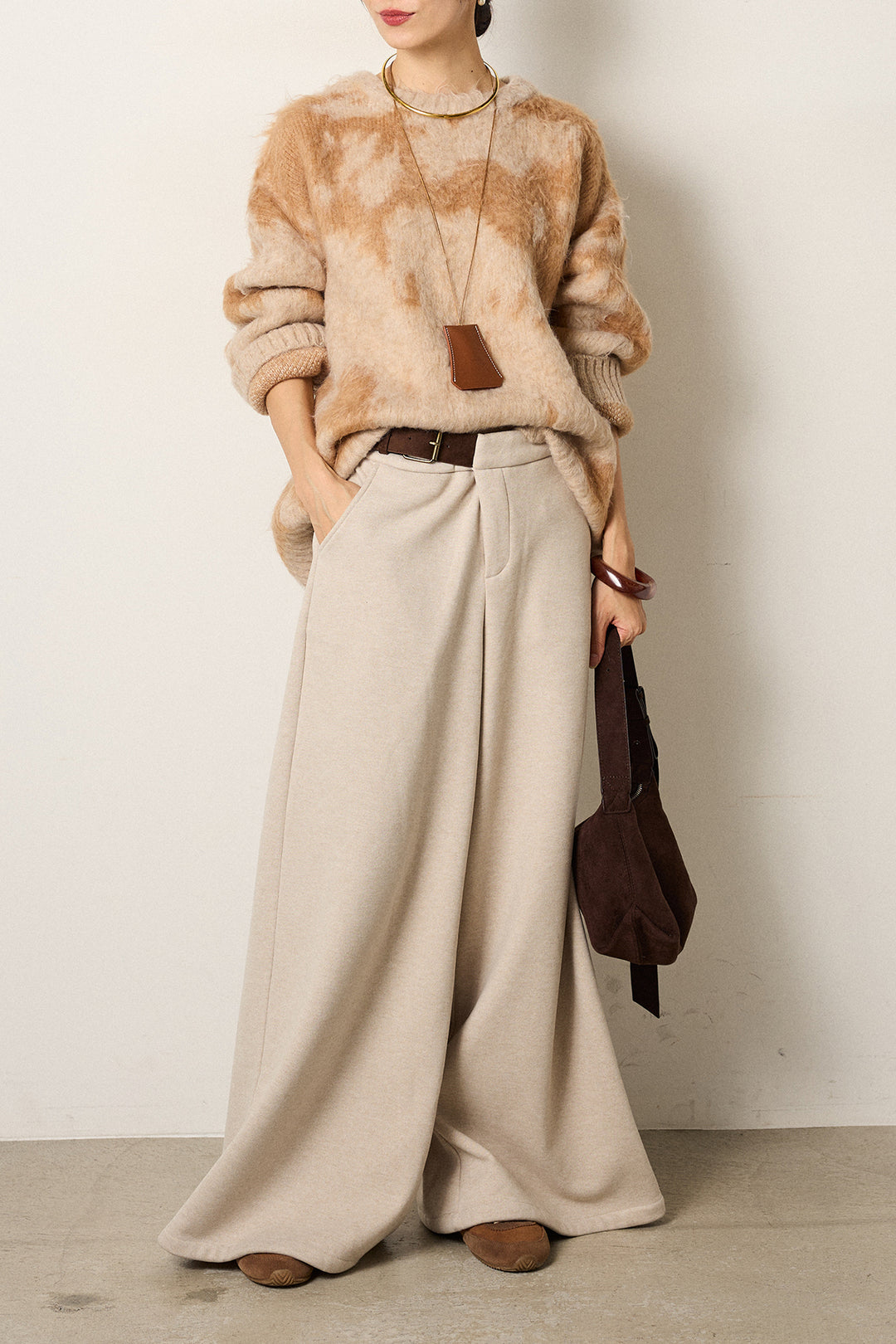 [SET]モヘアタッチマーブルニット+サイドベルトパンツ(2set)