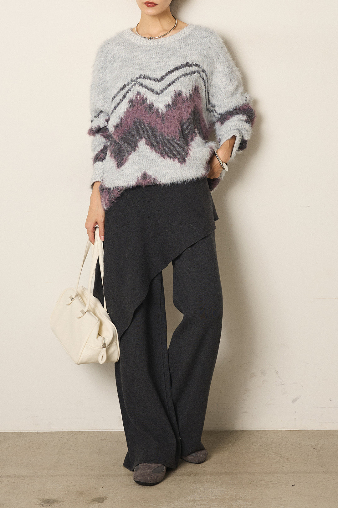 [SET]シャギーニュアンスライン柄ニットトップス+ウエスト巻きニットパンツ(2set)