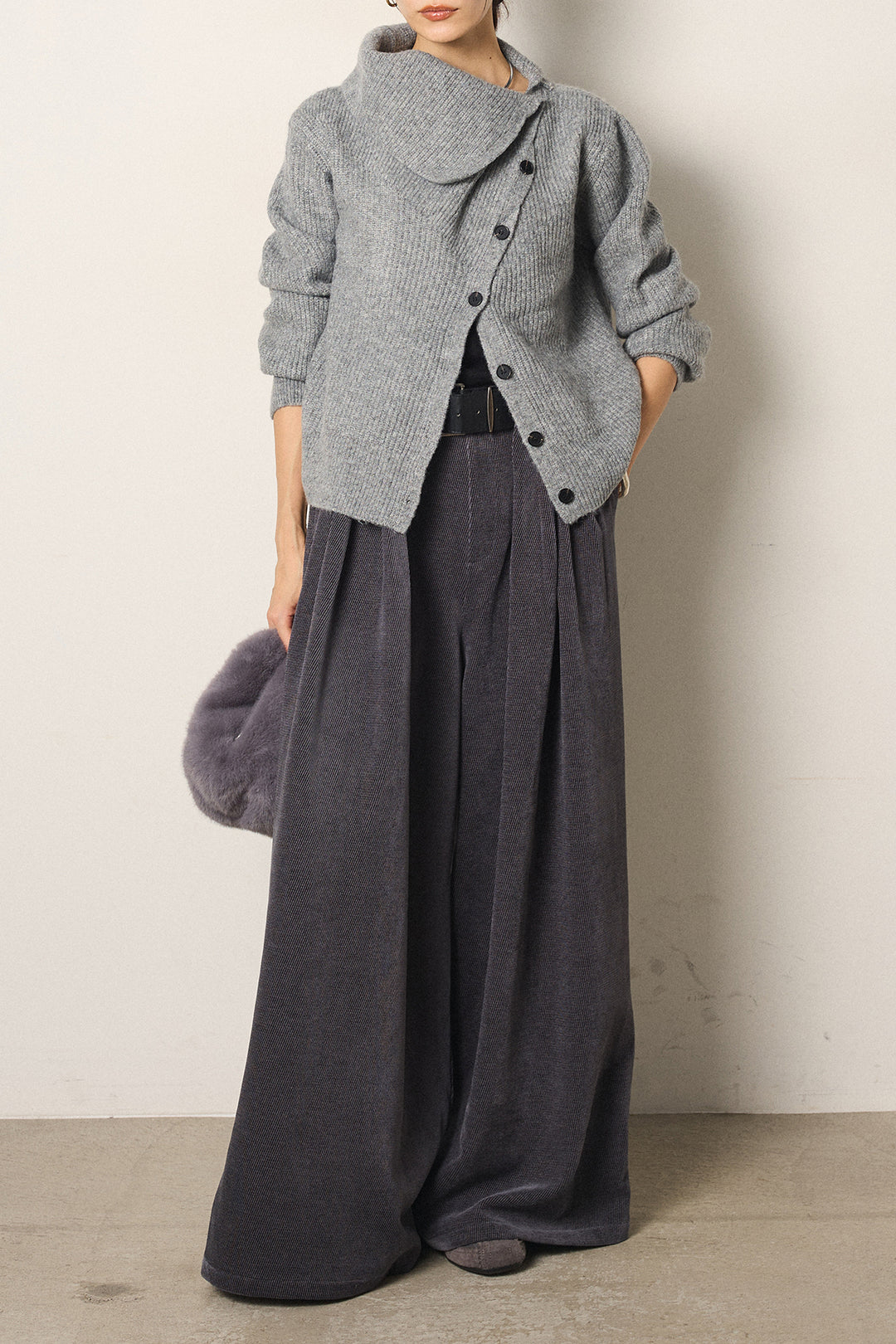 [SET]ボタンデザインネックニットプルオーバー+ベルトループコーデュロイワイドパンツ(2set)