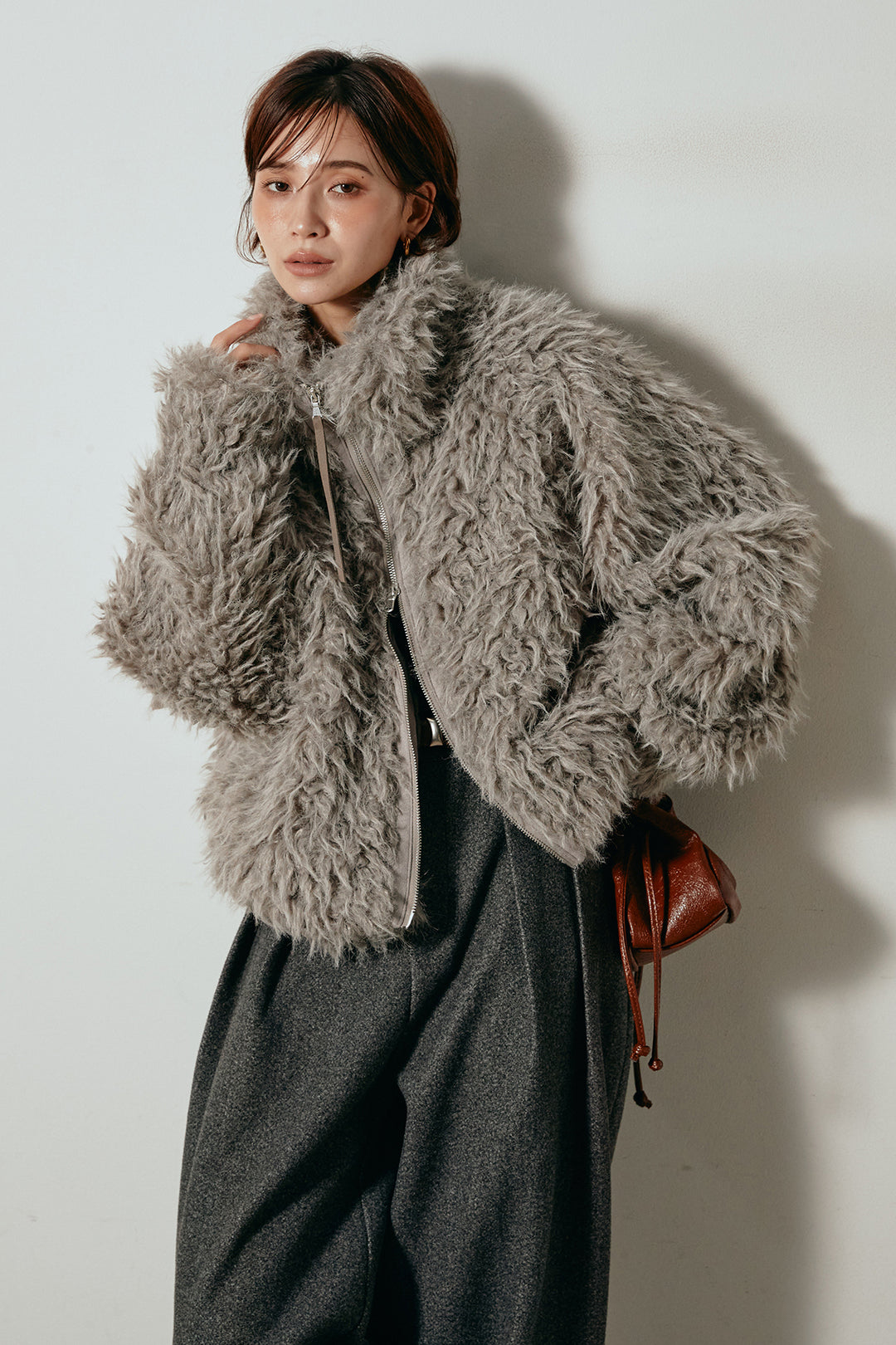 [SET]ミックスシープファースタンドブルゾン+フェイクウールタックトラウザーズパンツ(2set)