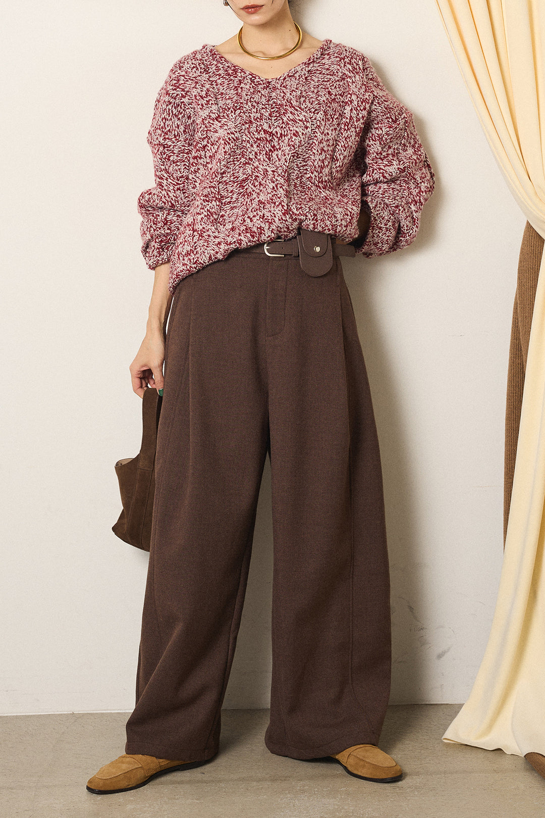 [SET]Vネックミックス編みニットトップス+ポーチベルト付きカーブパンツ(2set)