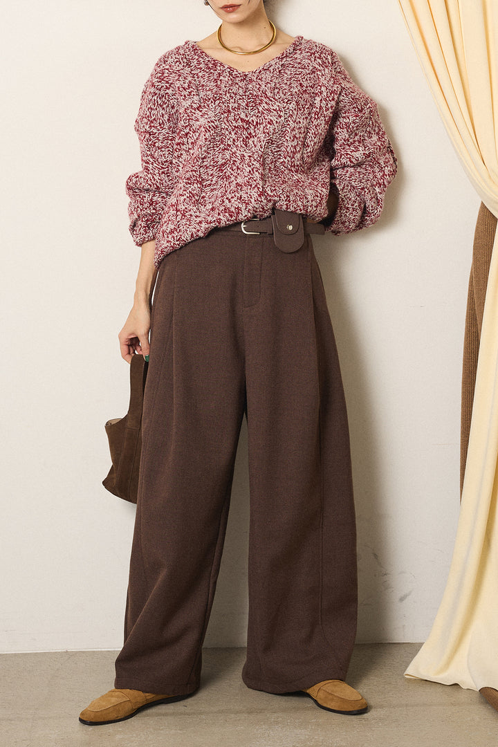 [SET]Vネックミックス編みニットトップス+ポーチベルト付きカーブパンツ(2set)