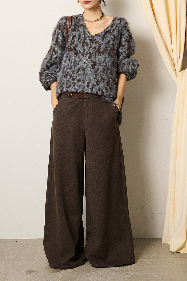 [SET]フラッフィーレオパードシャギーニット+サイドベルトパンツ(2set)