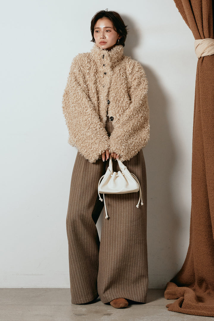 [SET]プードルファーミドルジャケット+ウールライクストライプパンツ(2set)