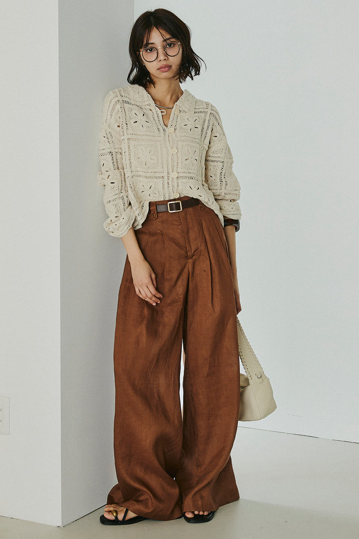 [SET]鍵編みフラワーレースカーディガン+タック入りワイドパンツ(2set)