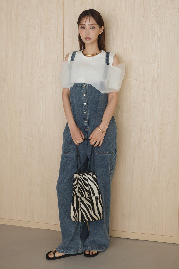 [SET]シアーレイヤーデザインカットソー+フロントボタンデニムサロペット(2set)