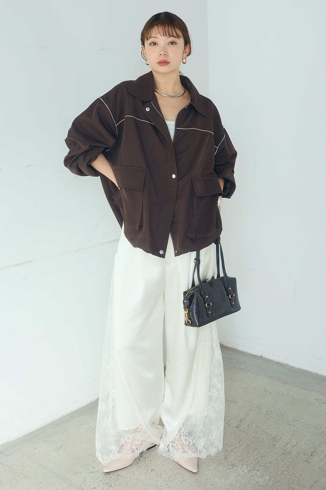 [SET]合繊ツイルバルーンジャケット+サテンレース切り替えタックパンツ(2set)