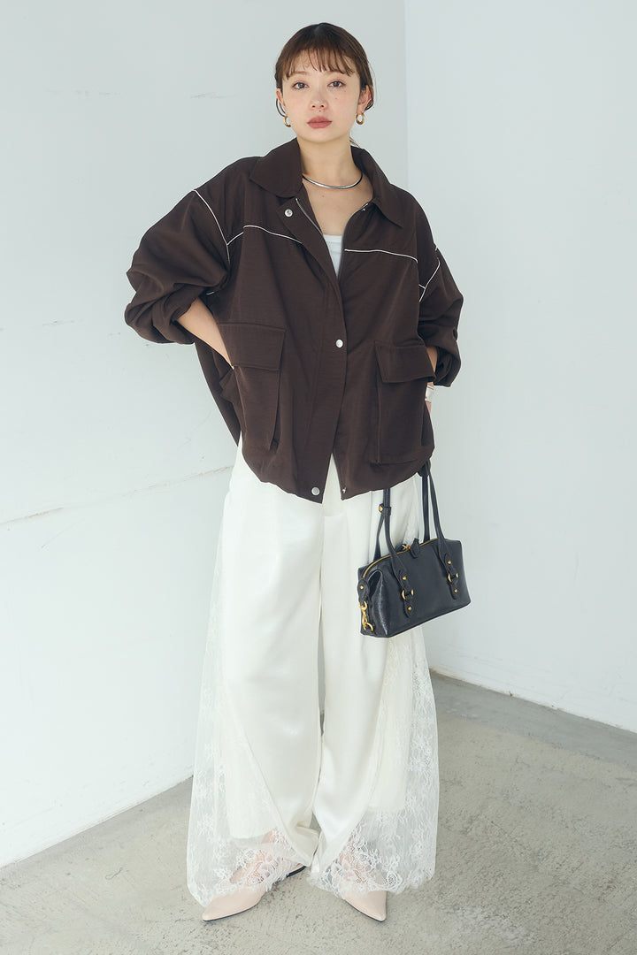 [SET]合繊ツイルバルーンジャケット+サテンレース切り替えタックパンツ(2set)