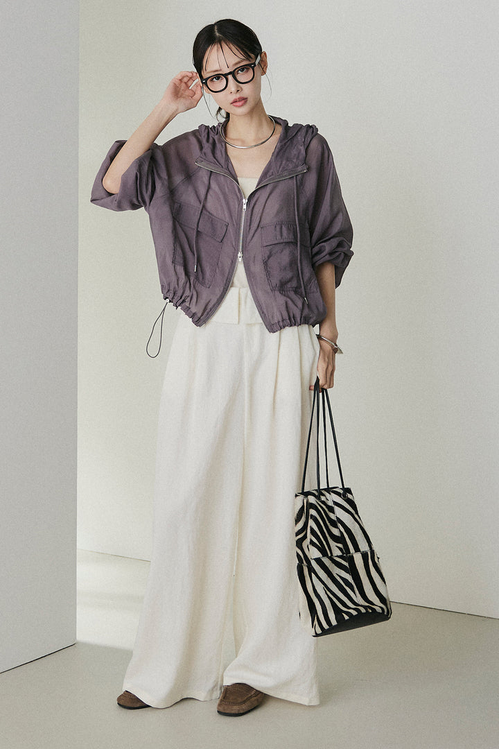 [SET]裾ドロストシアーWジップフーディーブルゾン+ウエスト折り返しワイドパンツ(2set)