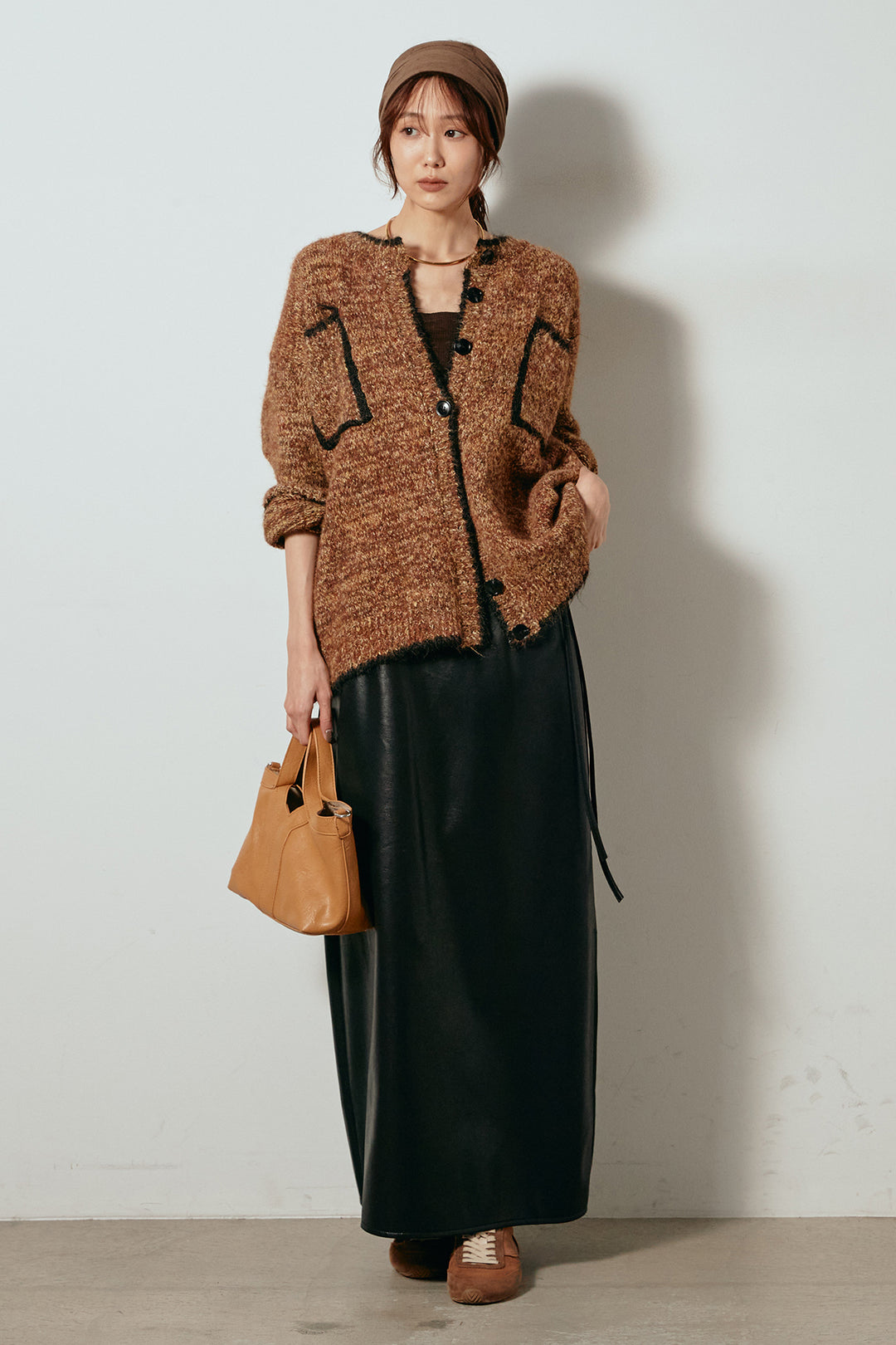 [SET]ミックスニットポケットカーディガン+紐付きフェイクレザーワイドスカート(2set)