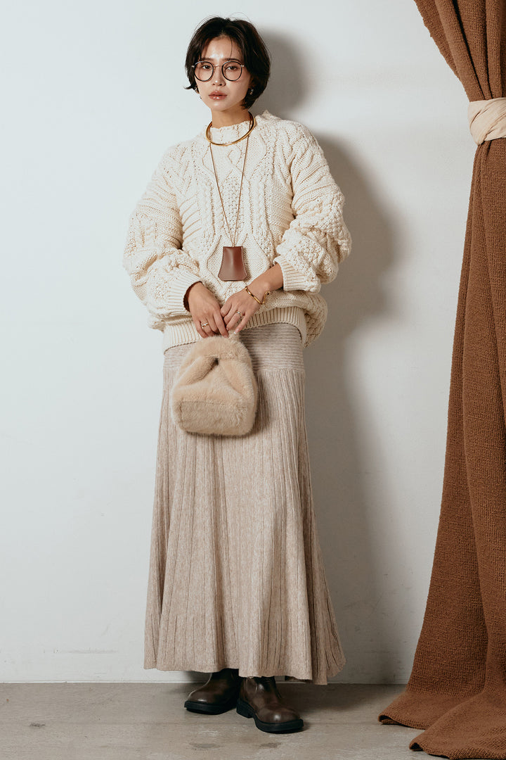 [SET]アラン柄ミックスケーブルニット+編み地切り替えフレアニットスカート(2set)