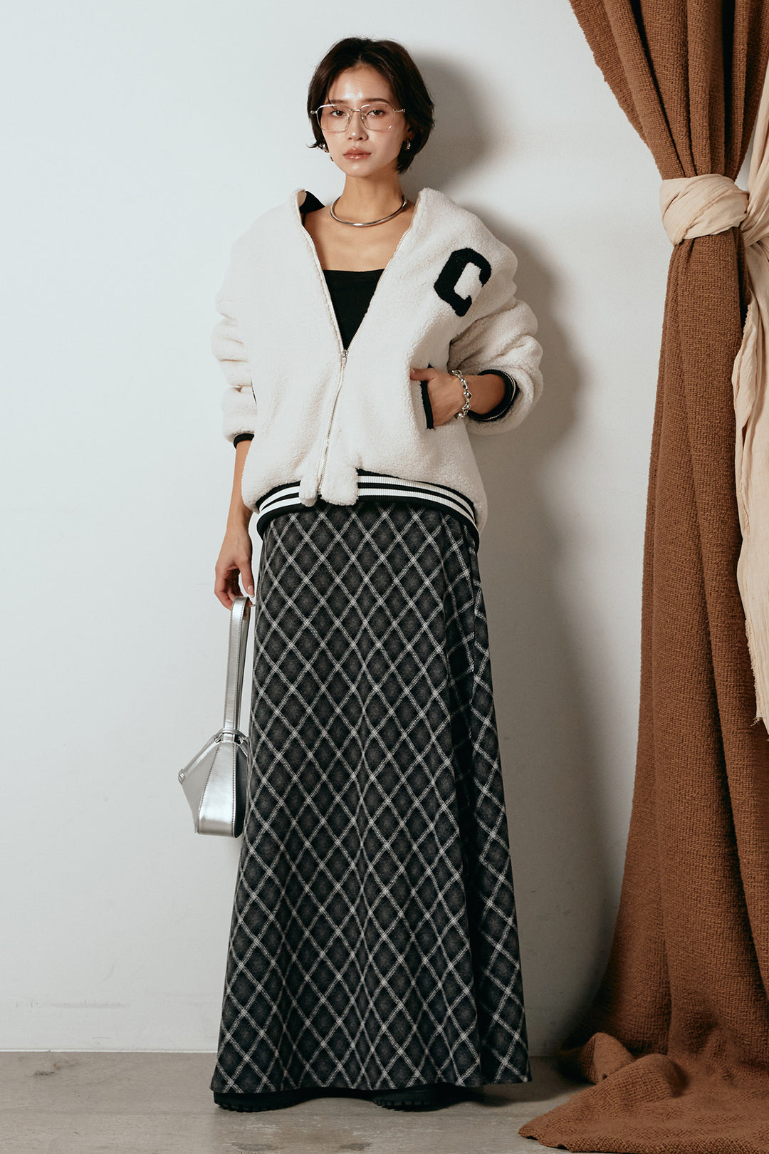 [SET]ロゴスタジャンボアブルゾン+フロッキー起毛チェックスカート(2set)