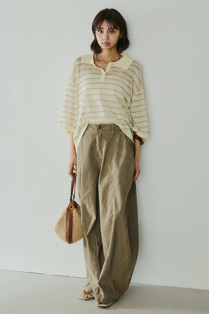 [SET]ボーダーニットポロシャツ+サイドベルトカーブワイドパンツ(2set)