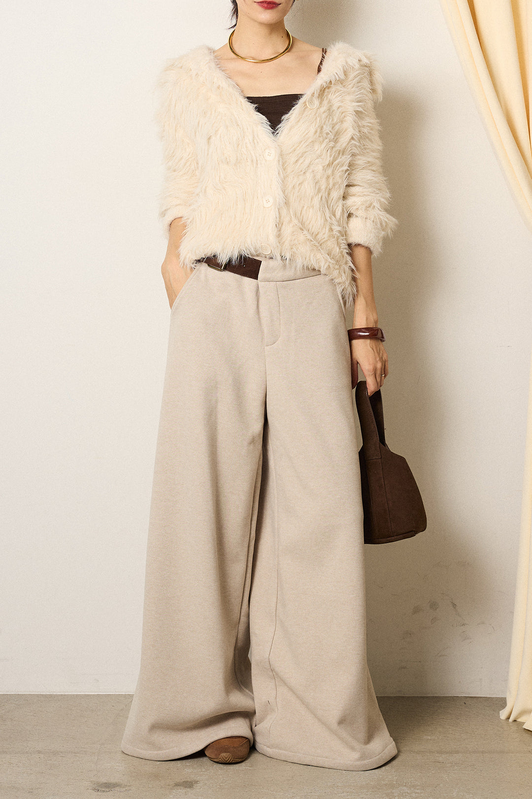 [SET]襟付きシャギーニットカーディガン+サイドベルトパンツ(2set)