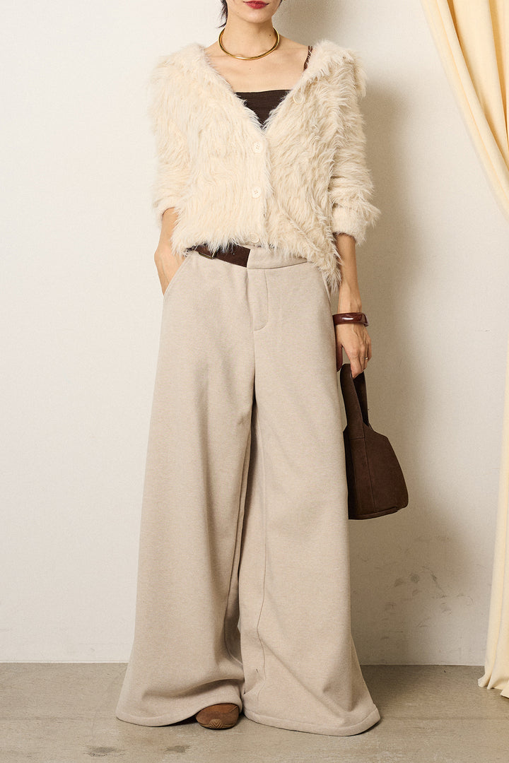 [SET]襟付きシャギーニットカーディガン+サイドベルトパンツ(2set)