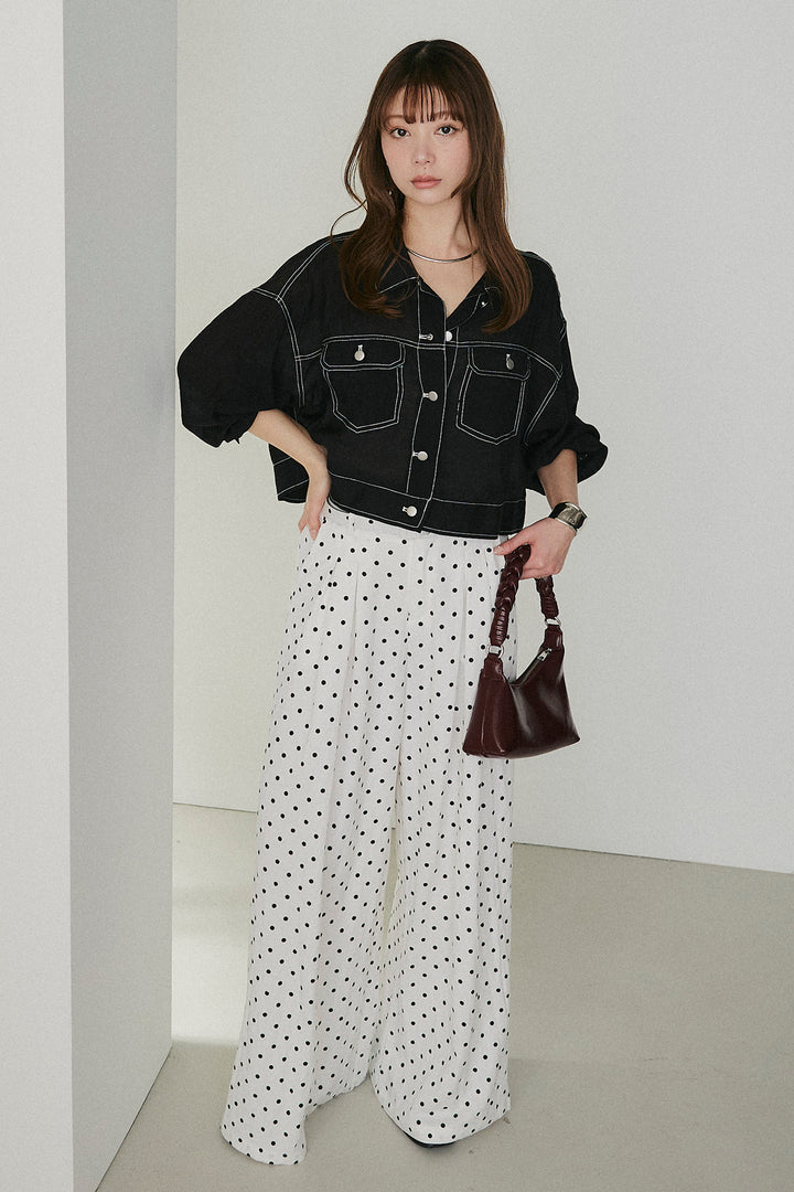 [SET]配色ステッチシアーシャツ+ベルト付きドット柄ワイドパンツ(2set)