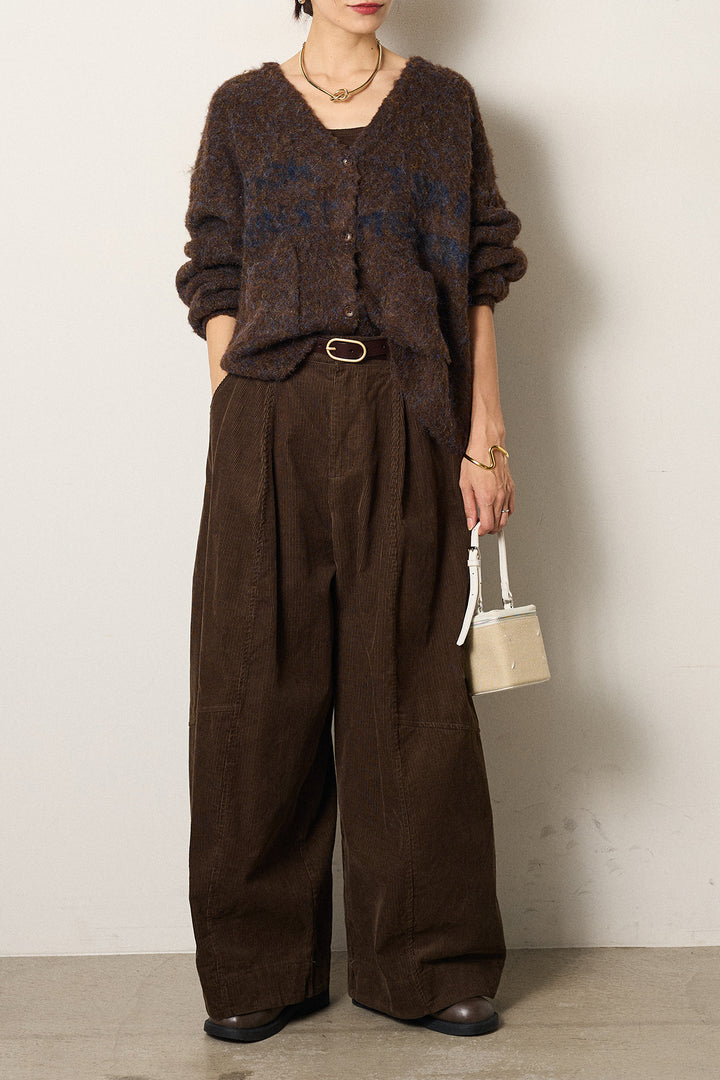 [SET]ウール混透かしロゴニットカーディガン+タック入りコーデュロイワイドパンツ(2set)