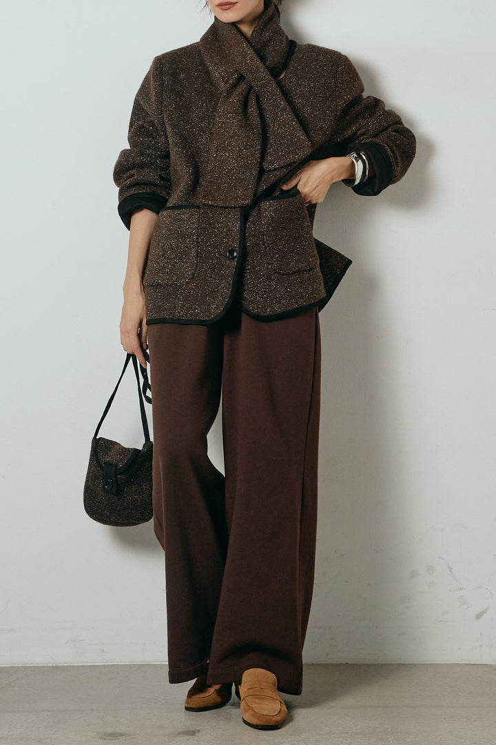 [SET]ノーカラーマフラーバッグ付きアウター+裏起毛スウェットワイドパンツ(2set)