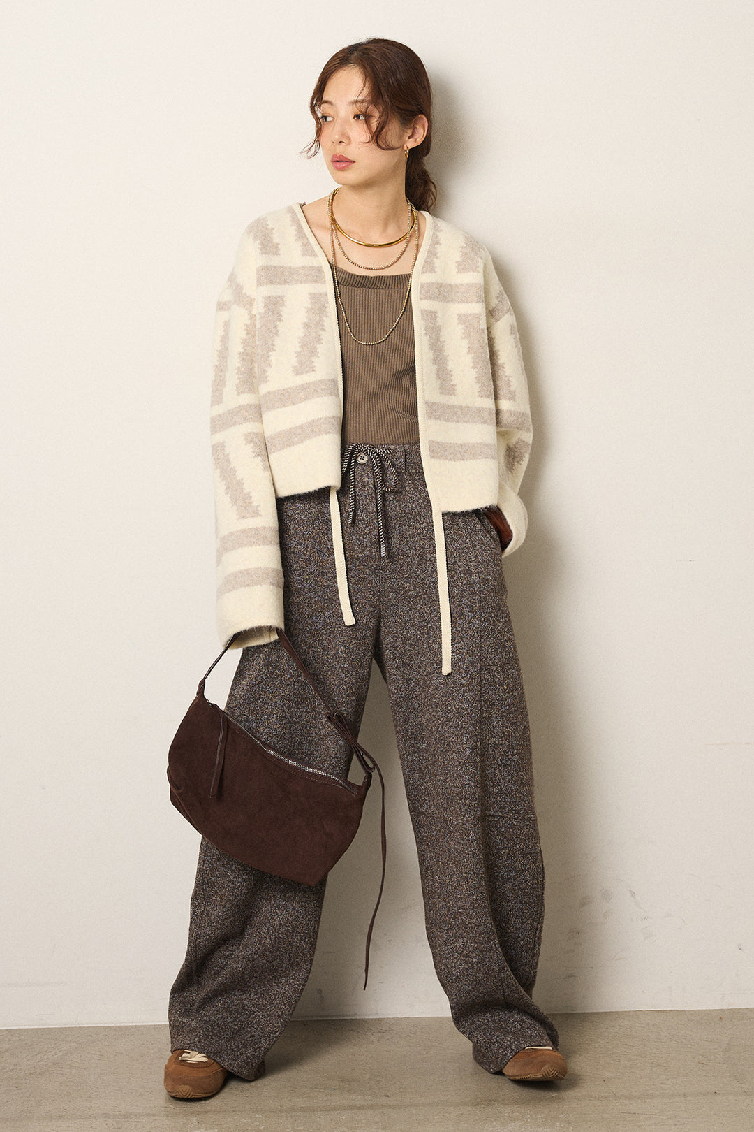[SET]幾何学柄ノーカラーカーディガン+杢ニットフレアパンツ(2set)