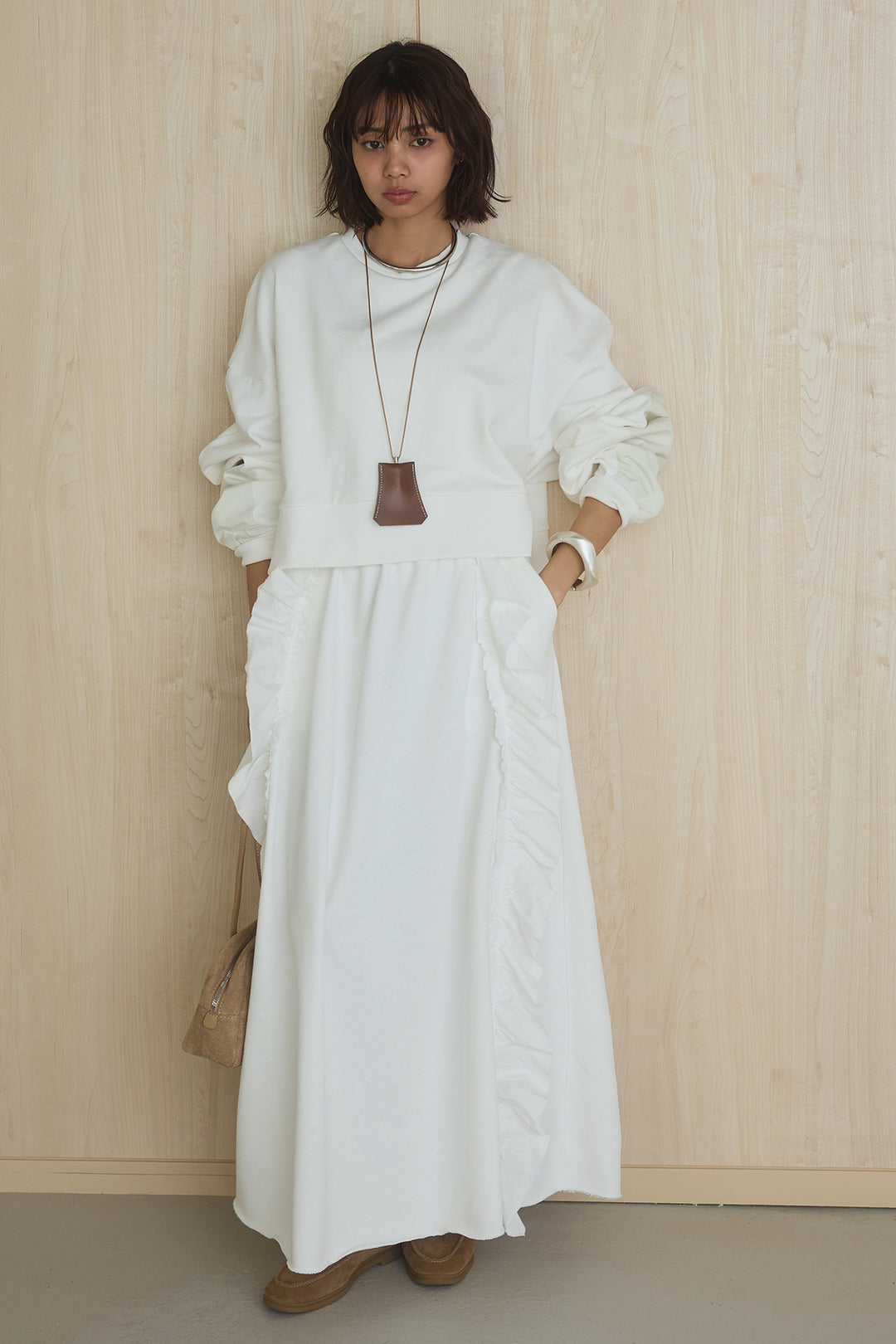 [SET]アームパッチスウェットプルオーバー+ビッグフリルスウェットロングスカート(2set)