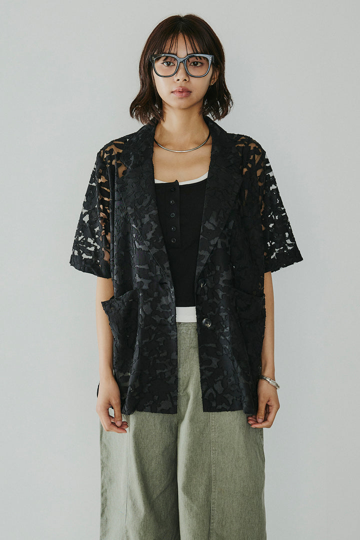 [SET]シアージャガードハーフスリーブテーラードジャケット+サイドベルトカーブワイドパンツ+配色ヘンリーネックタンクトップ(3set)