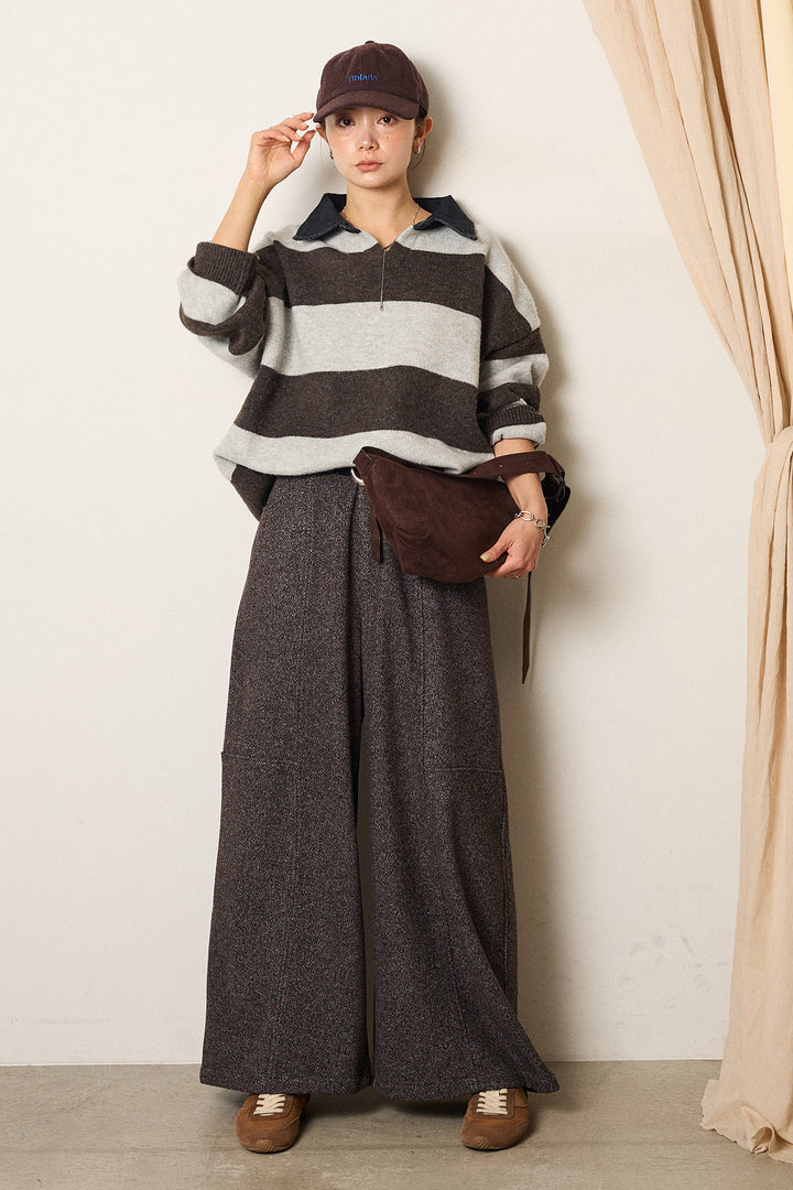 [SET]デニムカラーボーダールーズニット+太ベルト付きツイードワイドパンツ(2set)