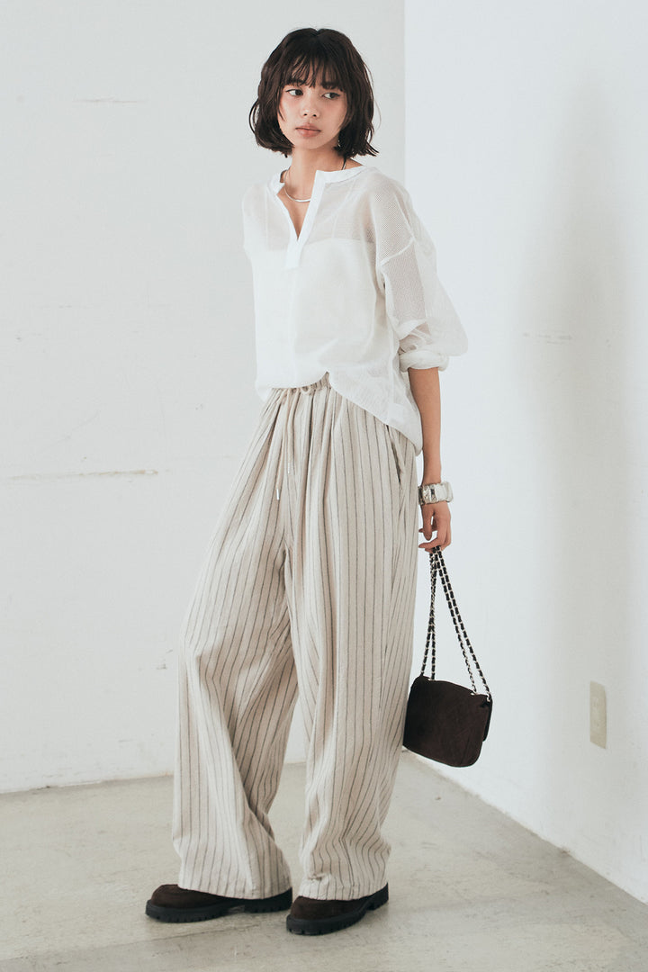 [SET]メッシュカットソースキッパープルオーバー+リネンライクストライプタックイージーパンツ(2set)