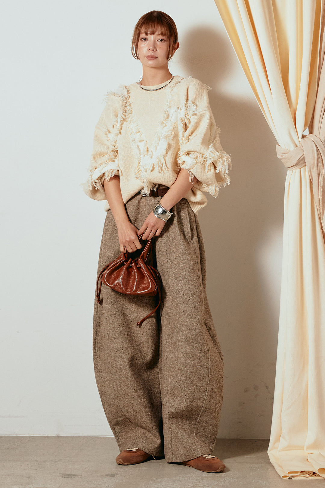 [SET]シャギージャガードニットトップス+ベルト付きネップツイードカーブパンツ(2set)