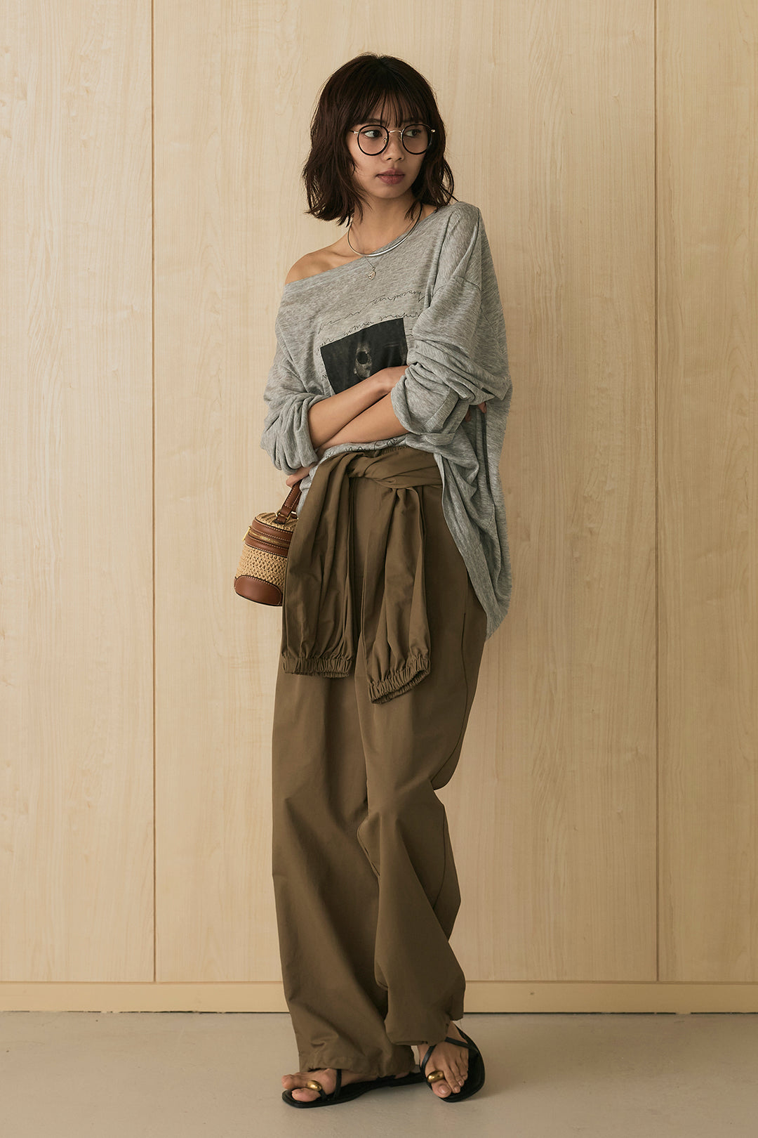 [SET]ヴィンテージグラフィックロンT+合繊ツイルスタンドウエスト巻きジョガーパンツ(2set)