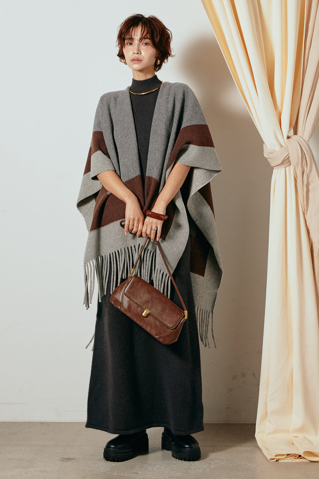 [SET]裾フリンジ柄ポンチョアウター+ノースリーブニットロングワンピース(2set)
