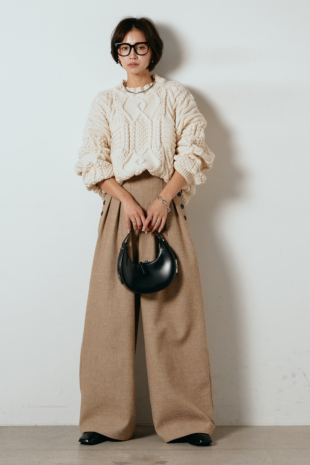 [SET]アラン柄ミックスケーブルニット+サイドボタンツイードタックパンツ(2set)