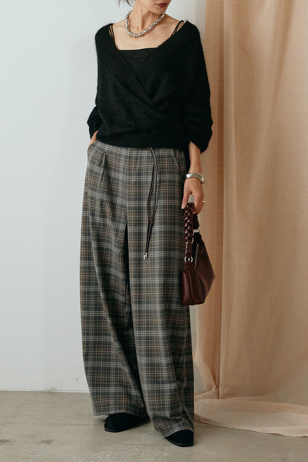 [SET]カシュクールデザインニット+編みベルト付きタータンチェックワイドパンツ(2set)