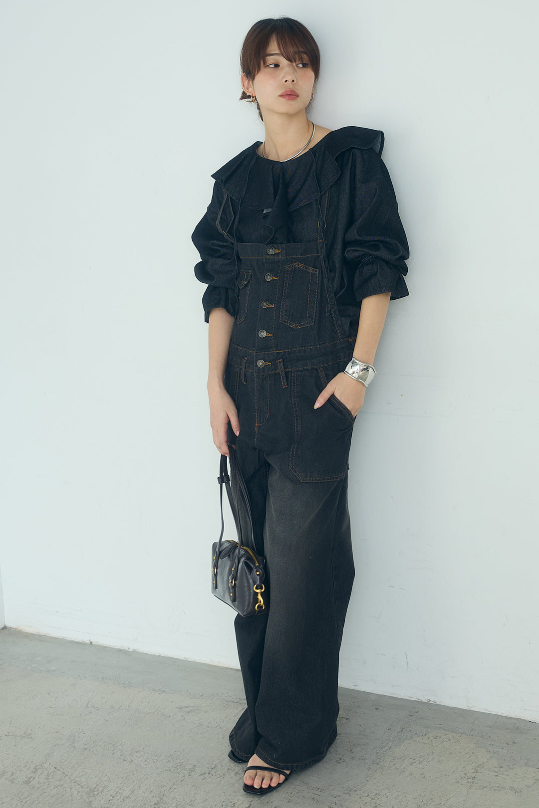 [SET]デニムフリルブラウス+デニムサロペットワイドパンツ(2set)