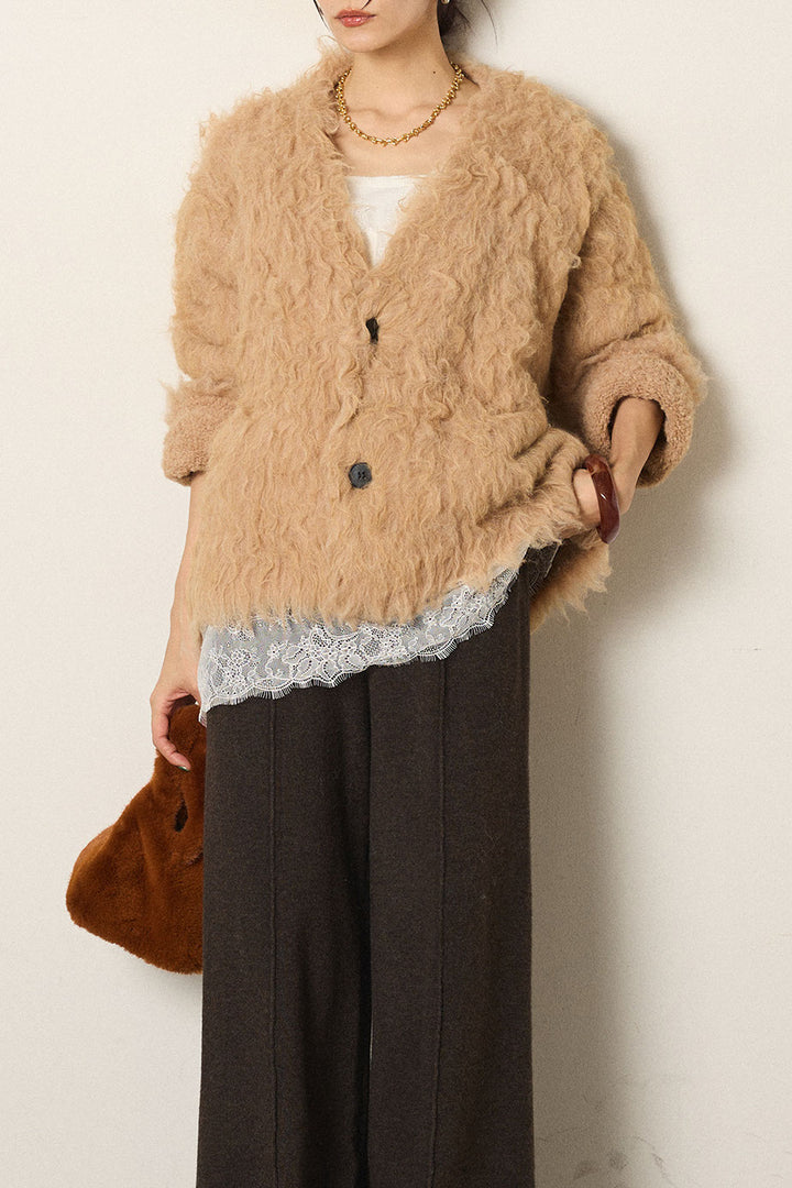 [SET]起毛シャギーニットカーディガン+レース切り替えキャミソール(2set)