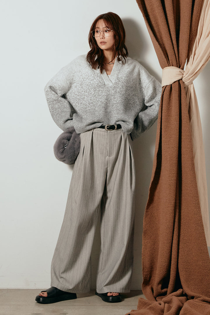 [SET]グラデーションラメニットキーネックプルオーバー+ストライプヘリンボーンパンツ(2set)