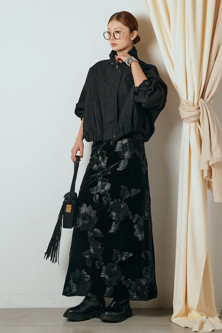 [SET]デニム調ハイネックブルゾン+フラワー刺繍ワイドスカート(2set)