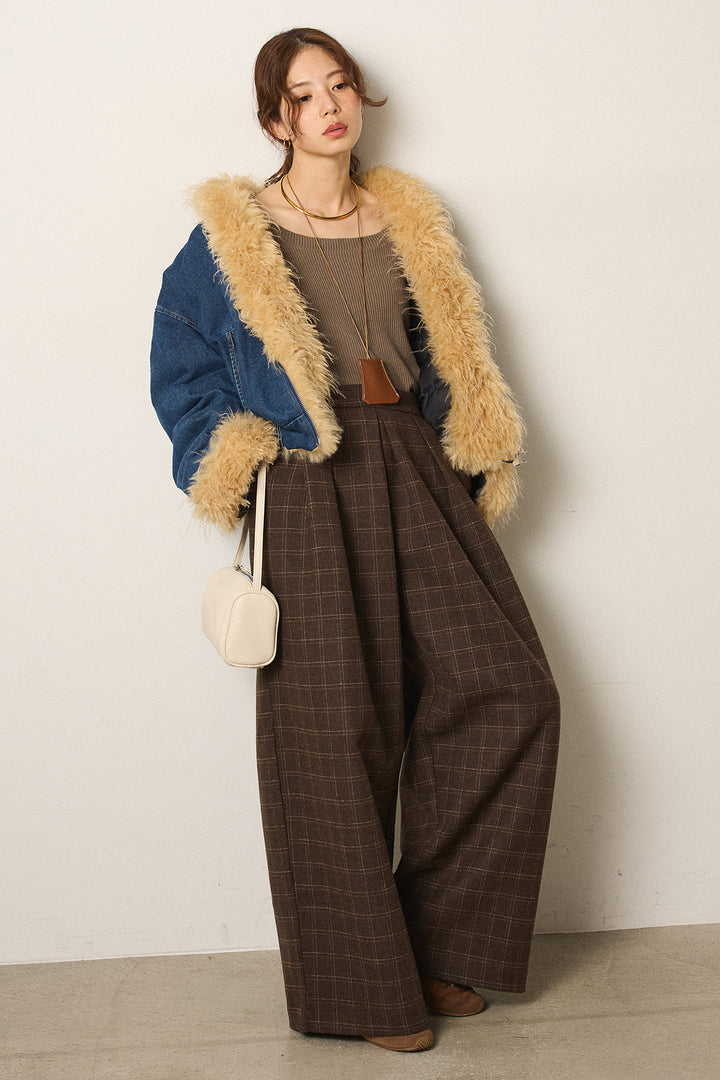 [SET]エコファーデニムボアジャケット+ウールライクチェックタックパンツ(2set)