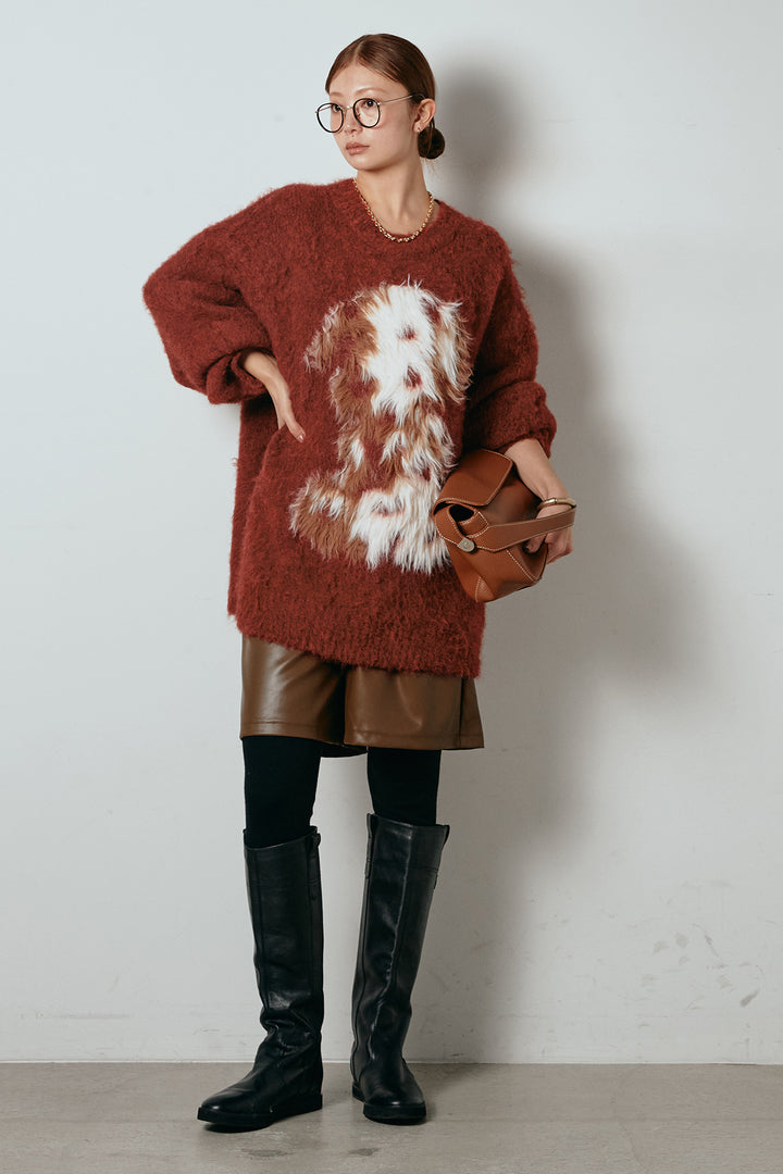 [SET]シャギーニュアンスアニマルニット+ストレッチエコレザーバミューダパンツ(2set)