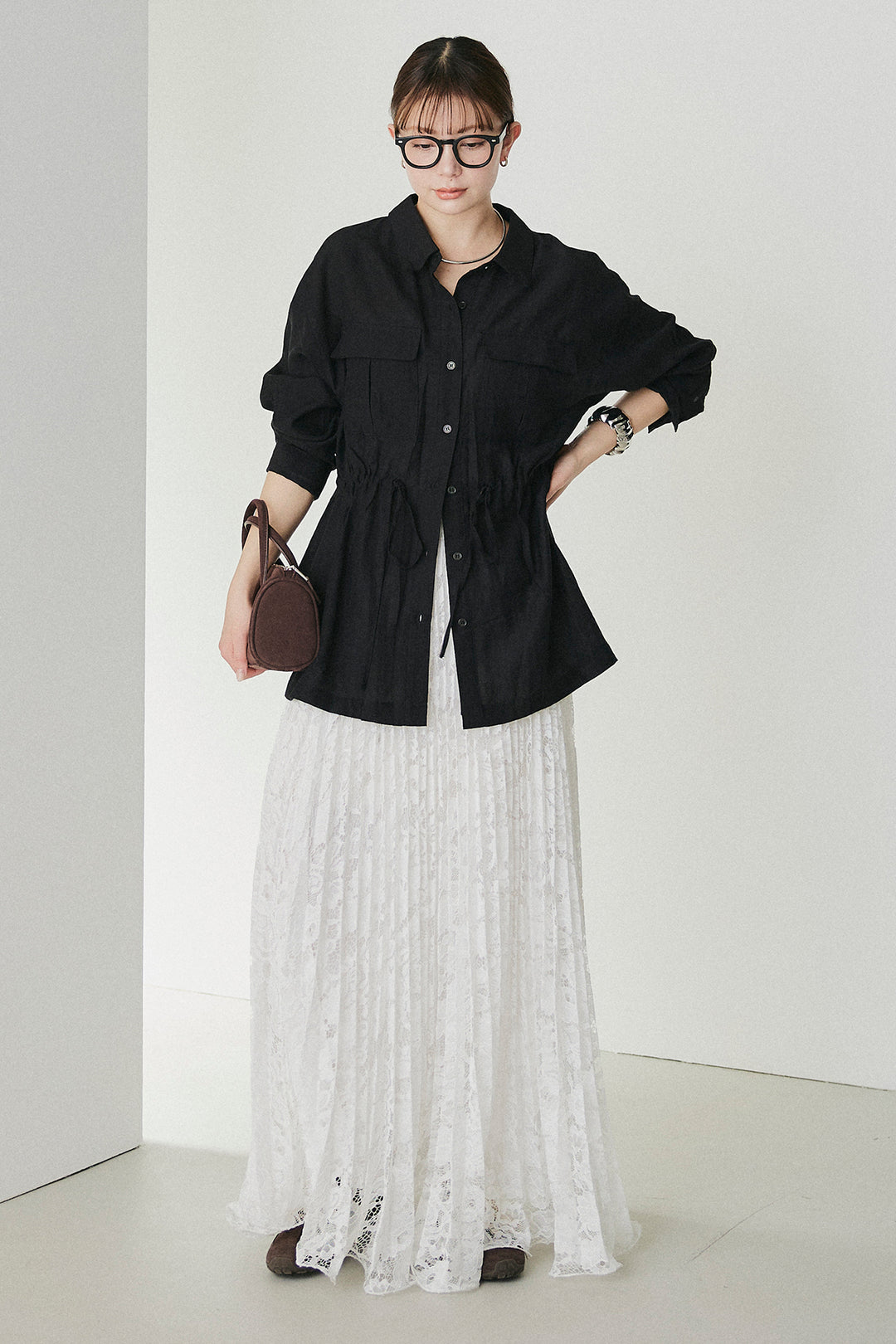 [SET]リネンブレンドシアーサファリシャツ+リラックスプリーツスカート(2set)