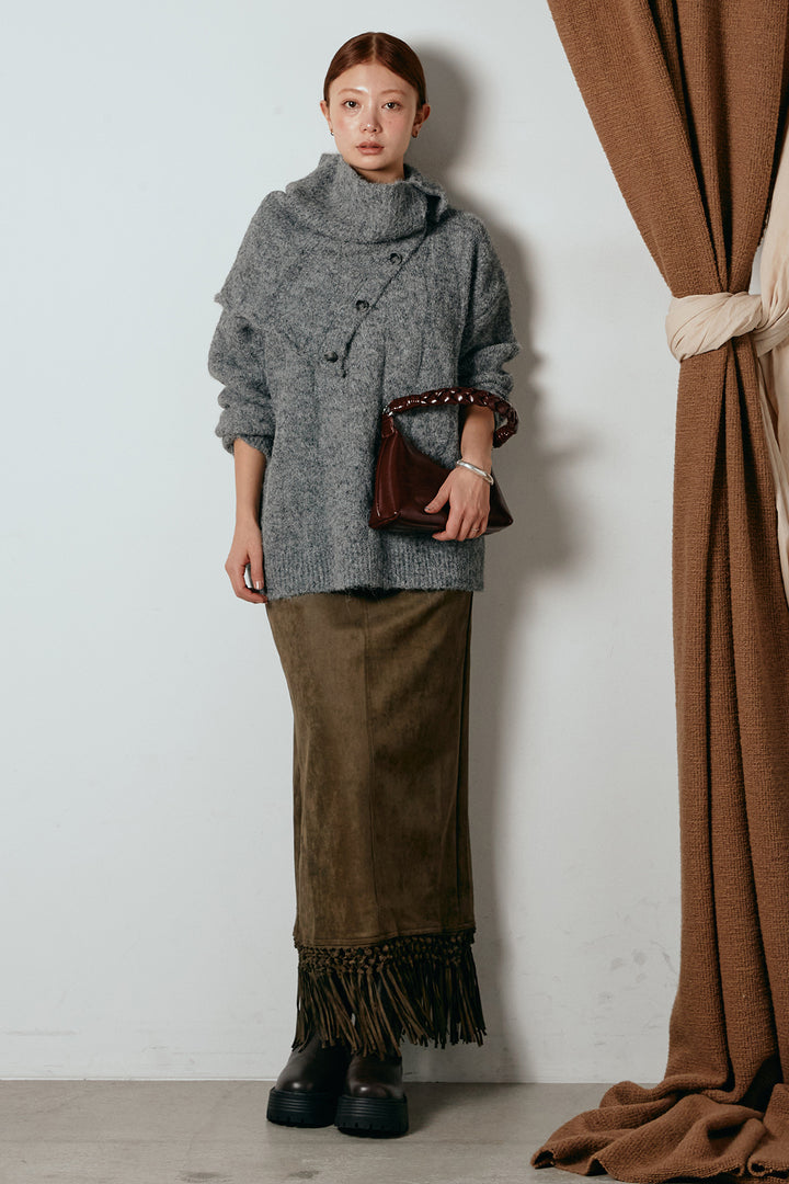 [SET]ケープデザインケーブルニットトップス+スウェードライク裾フリンジスカート(2set)