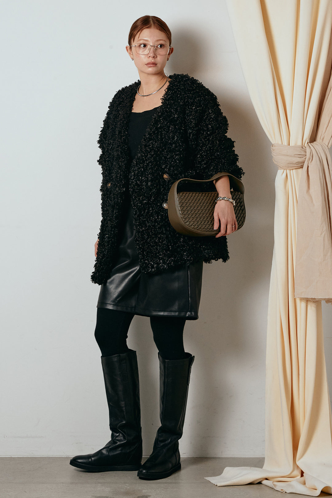 [SET]シープライクファージャケット+ストレッチエコレザーバミューダパンツ(2set)