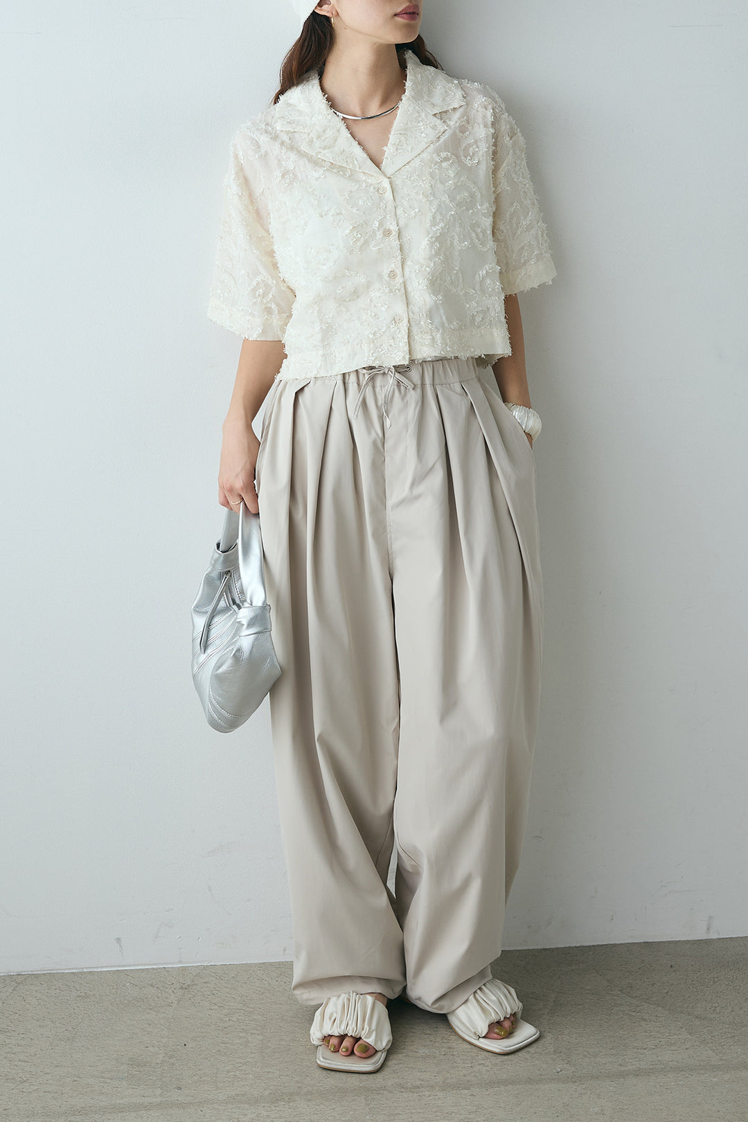 [SET]半袖オープンカラージャガード柄シャツ+タックワイドリラックスパンツ(2set)