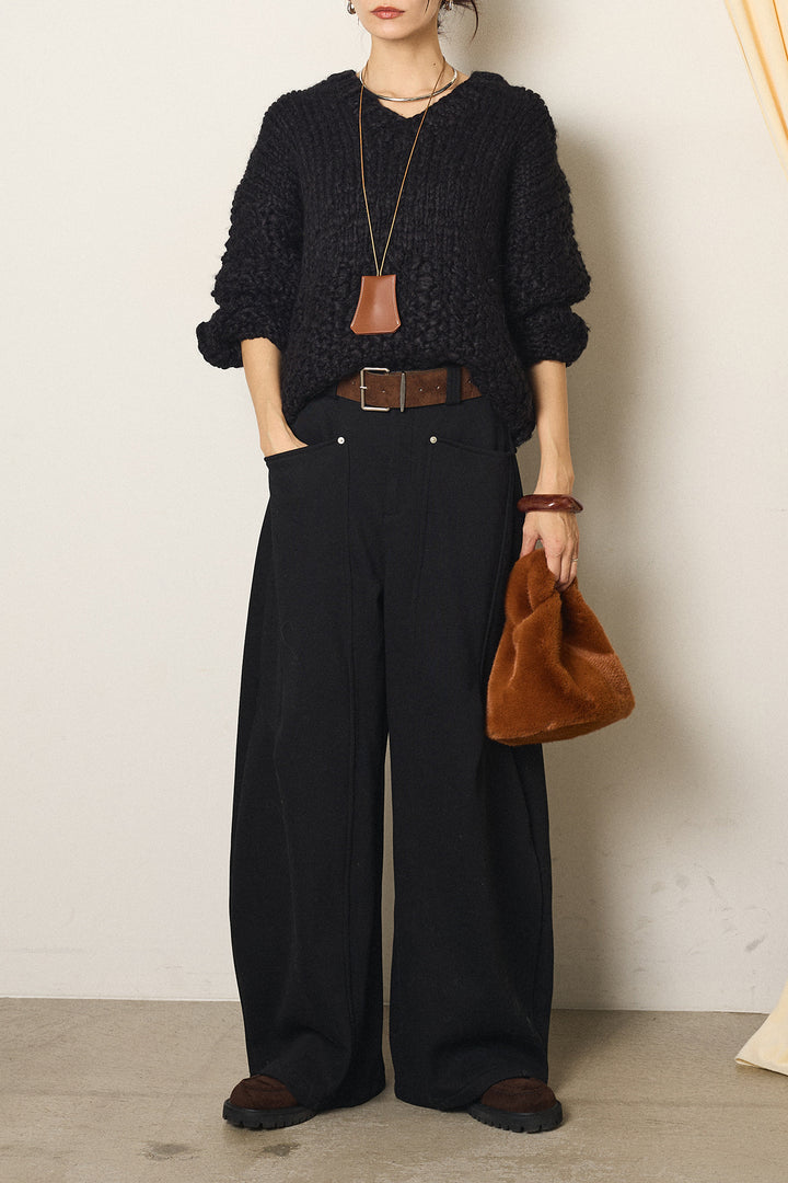 [SET]Vネックハンド編みニットトップス+太ベルト付きスウェットワイドカーブパンツ(2set)
