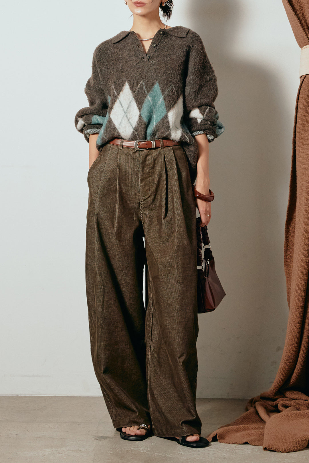 [SET]アーガイル柄ポロニットトップス+フロントタック入りコーデュロイパンツ(2set)