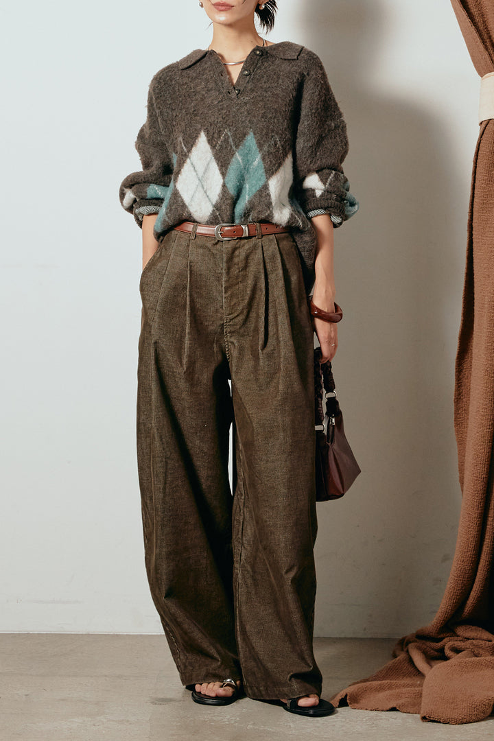 [SET]アーガイル柄ポロニットトップス+フロントタック入りコーデュロイパンツ(2set)