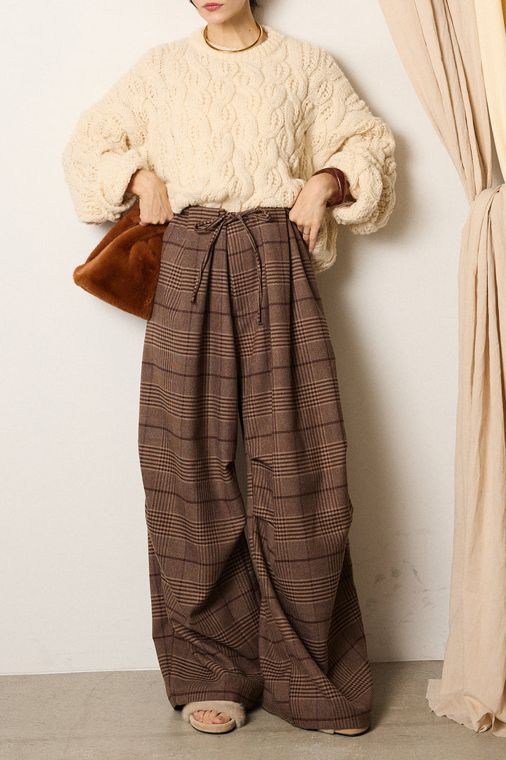 [SET]ケーブルリラックスショートニット+グレンチェックルーズタックパンツ(2set)