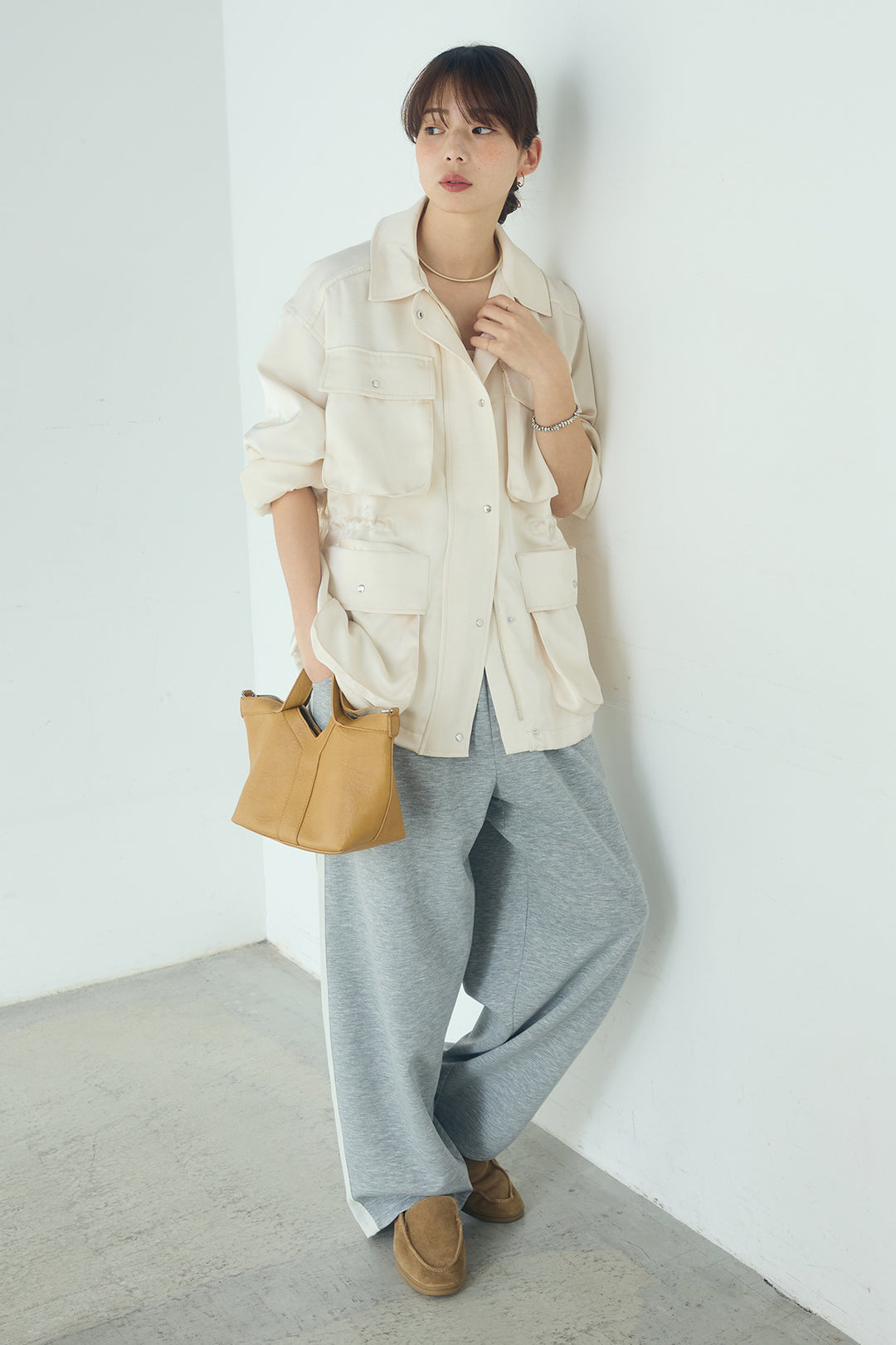 [SET]サテンライトブルゾン+異素材切り替えスウェットパンツ(2set)