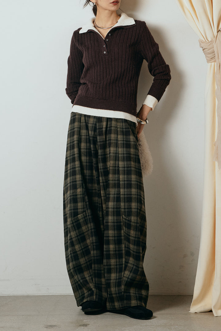 [SET]レイヤード風リブニットトップス+ベルト付きタータンチェックカーブワイドパンツ(2set)